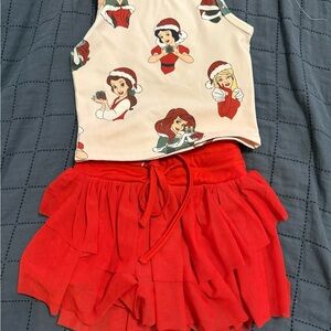 Girls Red Tiered Skirt & Printed Tank Top Set - Festive Casual